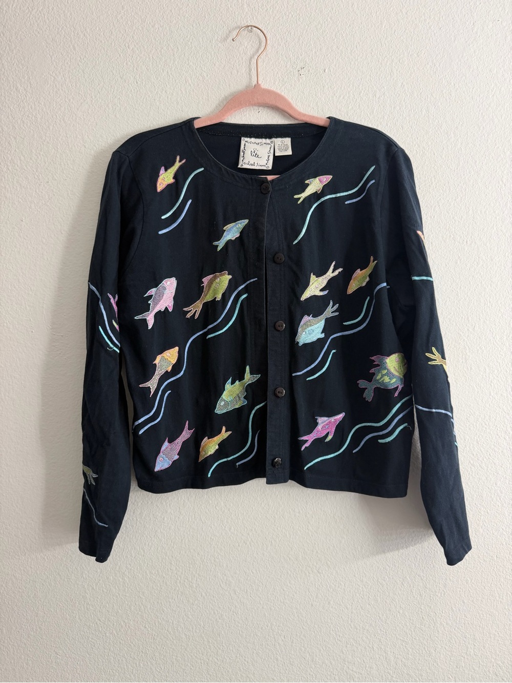 Vintage Michael Simon Women’s Rainbow Fish Embroidered Button Cardigan Size L